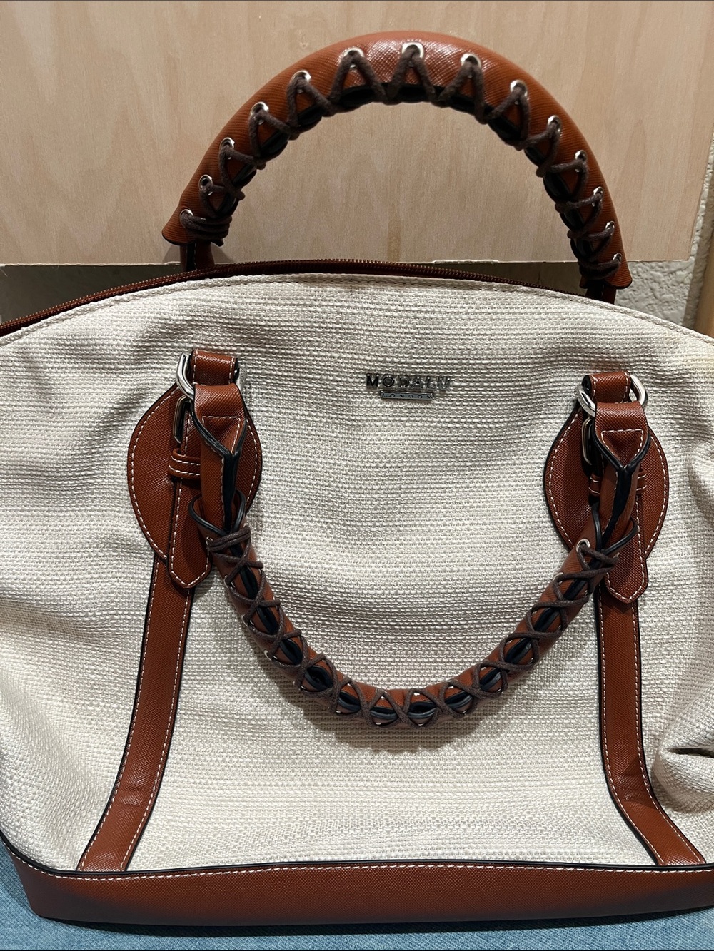 Woven Cream Tote with Brown Leather Trim by WOSKEY